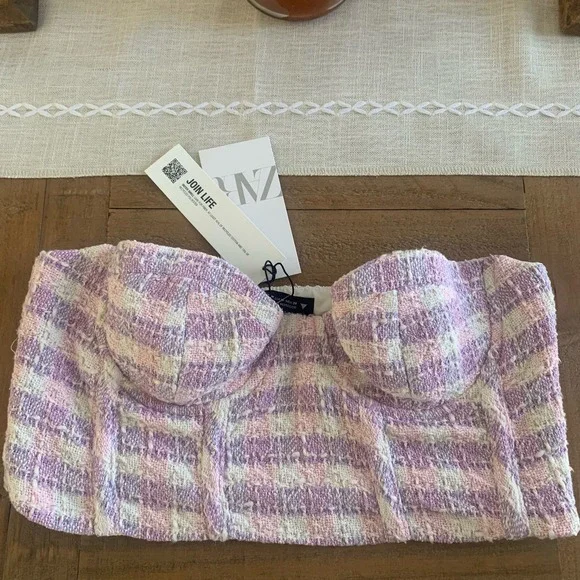 ZARA Textured Tweed Bustier Crop Top NWT Size Medium Night Out - Picture 3 of 7